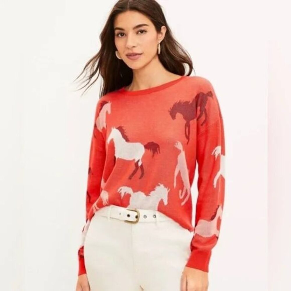 Ann Taylor LOFT Red Fire Horse Equestrian Novelty Print Pullover Sweater SZ XL